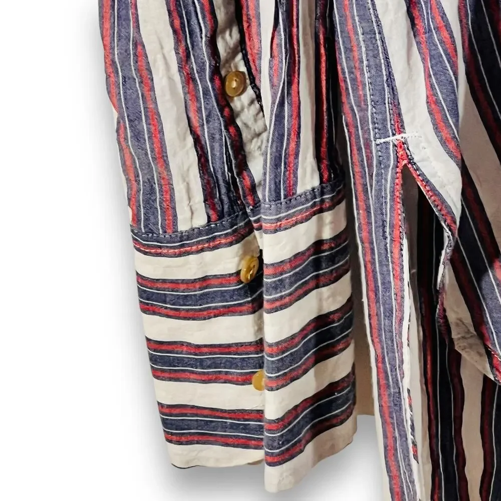 J.Crew Striped Popover Blouse 12 Split Neck Tunic Red Blue Cotton Shirt